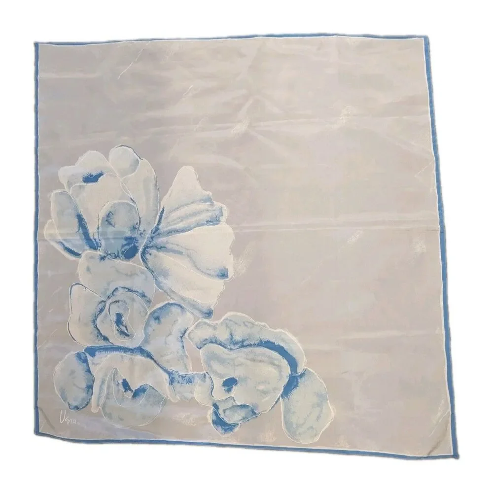 Vintage Vera Neumann 70s Satin Scarf Blue Floral Square Signed